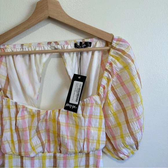 Nasty Gal Textured Puff Sleeve Check Maxi Dress NWT! Size 10 - Picture 6 of 8
